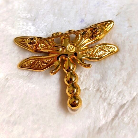 Vintage 80's Swarovski Blue Crystals and Faux Pearl Dragonfly Brooche - Picture 3 of 7